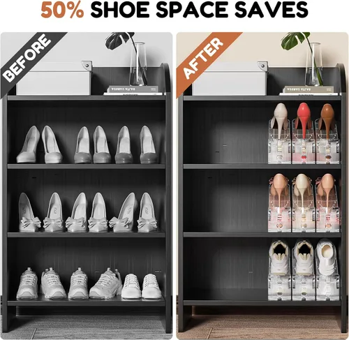 Vista 3 de Neprock Organizador de ranuras para zapatos para armario, paquete de 12 apiladores de zapatos acrílicos para un par de zapatos, 3 niveles ajustables