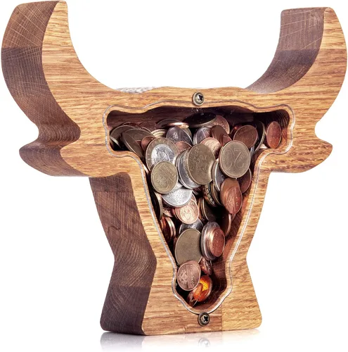 Vista 8 de BULL alcancía de madera para niño niña niño adulto Montessori waldorf juguete bebé cumpleaños regalo de Navidad tarro de punta caja de dinero regalo