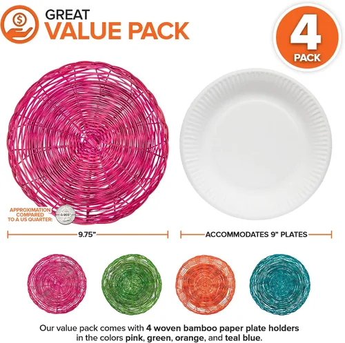 Vista 2 de Stock Your Home Soporte para platos de papel de bambú de 10 pulgadas (4 unidades) – Soportes de platos de papel reutilizables de mimbre resistente