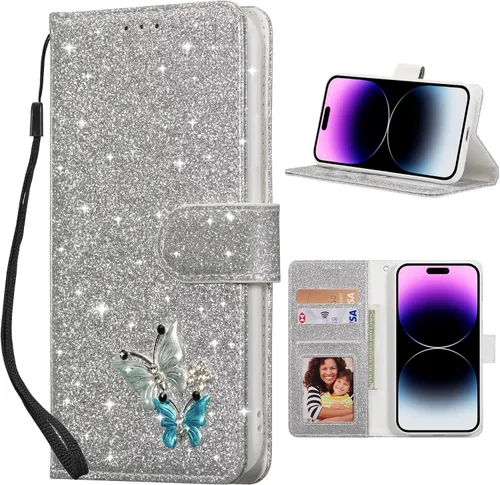 Vista 13 de UEEBAI Funda tipo cartera para iPhone 11, funda de piel sintética con purpurina para teléfono, ranuras para tarjetas, funda con función atril Negro