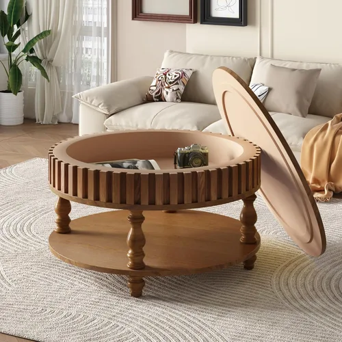 Vista 9 de TesNus Mesa auxiliar redonda de 31.5 pulgadas con almacenamiento, mesa de centro de madera moderna para sala de estar, mesa central pequeña