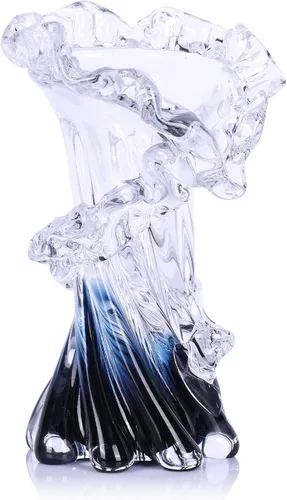 Vista 9 de Jarrón de vidrio azul soplado a mano, arte único, hermoso jarrón de vidrio oceánico para centro de mesa del hogar, mesa de café, sala de estar