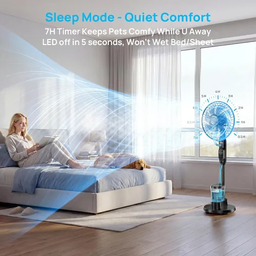 Vista 5 de Misting Fan, Standing Fan 8 Blades with Humidifier, Oscillating Fan with 3 Misting Modes 9 Speeds 7H Timer, Quiet Fan for Bedroom