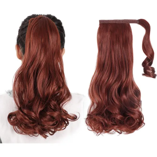 Vista 43 de Extensiones de cabello para cola de caballo, extensión de cola de caballo roja de 16 pulgadas, corta, ondulada, rizada, envolvente, cola de caballo
