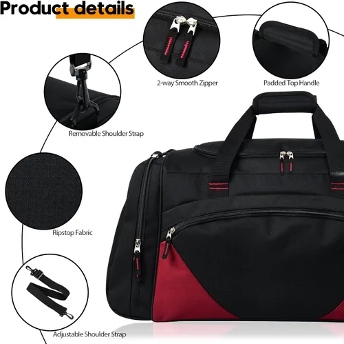 Vista 3 de Bolsa de gimnasio para hombre, 21 pulgadas, grande, para viajes y deportes, negro rojo, Bolsa de gimnasio para hombre