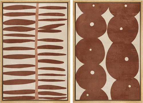 Vista 141 de SIGNFORD Lienzo enmarcado para pared, juego de arte geométrico retro de mediados de siglo, plantas forestales, ilustraciones con formas abstractas