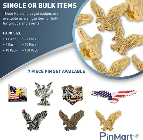 Vista 2 de PinMart Pin Patriótico del Águila – Águila Americana Volando – Broche para solapa esmaltado en bronce, color dorado chapado o chapado en níquel