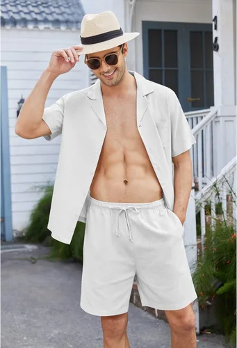Vista 2 de COOFANDY Camisas de lino de manga corta con botones para hombre, conjunto corto hawaiano de playa de 2 piezas