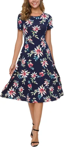Vista 9 de Urban CoCo Vestido de manga corta para mujer, acampanado, con estampado floral, longitud por debajo de las rodillas # 1