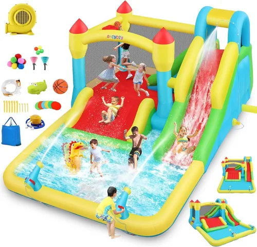 Vista 8 de AKEYDIY Tobogán acuático inflable de doble carril, tobogán acuático de rebote para niños de 3 a 12 años, parque acuático con tobogán de carreras