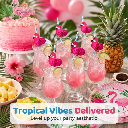 Vista 4 de HANSGO 50 popotes de flamenco, pajitas de papel de flamenco para decoración de mesa de Luau tropical, suministros de fiesta de piscina, decoración