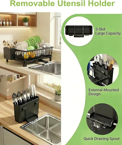 Vista 5 de Escurridor de platos para encimera de cocina, escurridor de acero inoxidable con soporte desmontable para cubiertos, sistema de drenaje automático