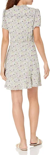 Vista 2 de BCBGeneration Mini vestido de día ajustado y acampanado para mujer, manga corta, cuello en V, detalle de volantes