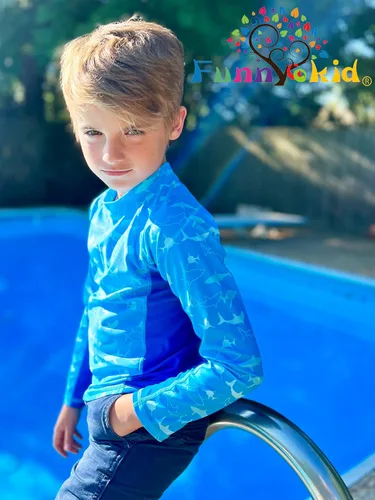 Vista 3 de Funnycokid Camiseta de natación de manga larga UPF 50+ para niños, protección UV, protección solar, natación, surf, 5-12 años