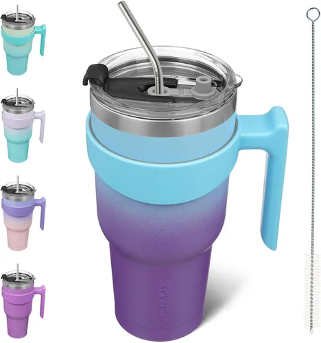 Vista 41 de BJPKPK Mini vaso de 10 onzas con tapa, popote y asa, taza de acero aislada