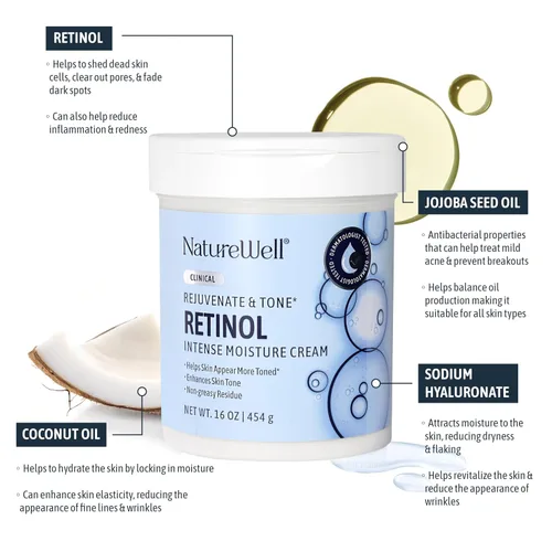 Vista 2 de NATURE WELL Crema hidratante clínica para rejuvenecer y tonificar con retinol para cara, cuerpo y manos, aumenta la firmeza de la piel, mejora