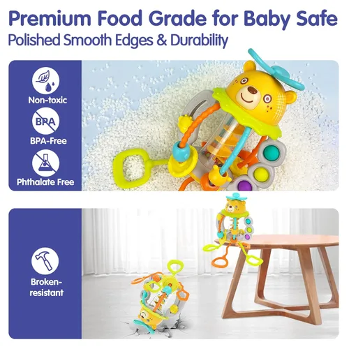 Vista 5 de Juguetes Montessori HOLA para niños de 1 año, juguetes para dentición con sonajero para bebés de 0-6 y 6-12 meses, juguetes sensoriales de silicona