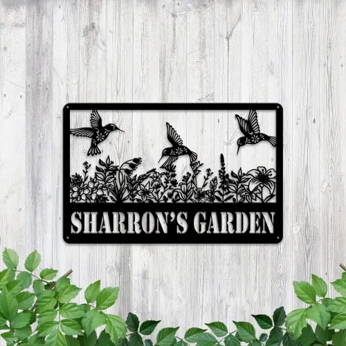 Vista 5 de MeMate Letreros de jardín de colibríes, letreros de jardín de flores para personalizar, letreros de metal personalizados con colibrí, arte de pared