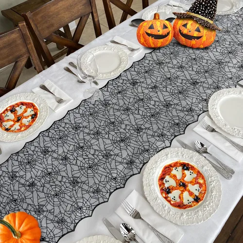 Vista 6 de Camino de mesa de Halloween, tela de araña de encaje negro, para decoración de Halloween, fiesta, decoración de mesa de comedor, 18 x 72 pulgadas