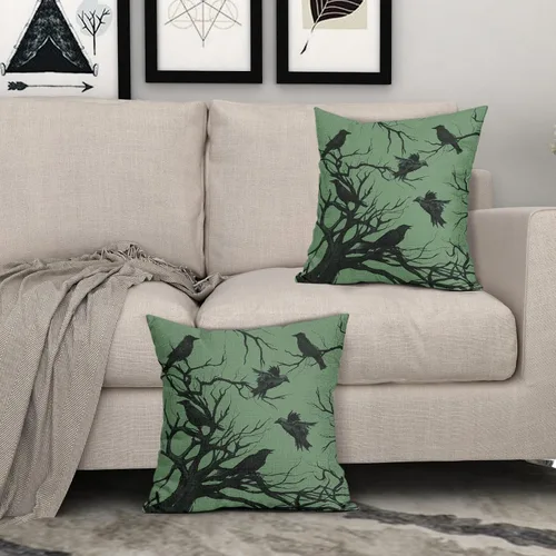 Vista 8 de Tree Crows - Juego de 2 fundas de almohada de Halloween de 16 x 16 pulgadas, fundas de almohada decorativas de otoño, fundas de almohada negras