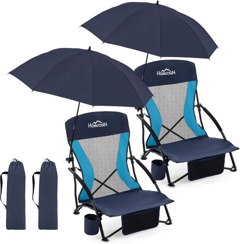 Vista 21 de Homcosan Silla de playa portátil baja plegable con paraguas desmontable, silla de campamento ligera para adultos con portavasos y bolsillo