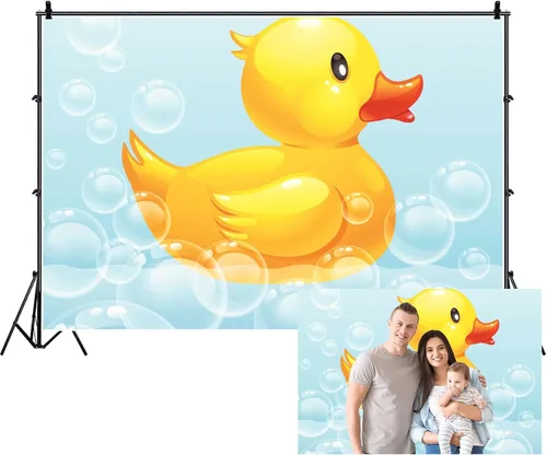 Vista 10 de Renaiss Telón de fondo de tela de pato amarillo con burbujas de goma para baby shower, fiesta de cumpleaños, fondo de fotografía para niños, recién
