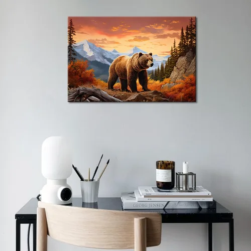 Vista 3 de GLOKAKA Arte abstracto de pared con diseño de oso marrón en la montaña Giclée, póster con imagen de bosque y montaña rocosa, obra de arte
