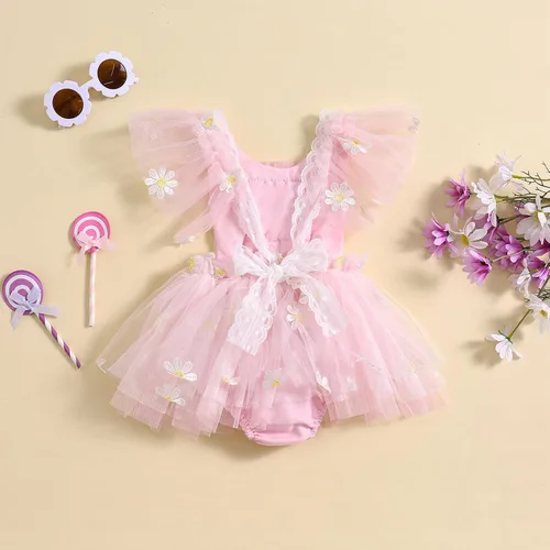 Vista 3 de Ursobutegl Mameluco de princesa para bebé recién nacida, vestido de malla bordado, elegante, tutú con falda, overol para cumpleaños