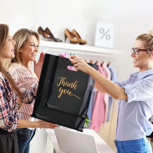 Vista 5 de Bolsas de agradecimiento para negocios pequeños, bolsas de mercancía de plástico extra gruesas con asas para venta al por menor, bolsa de compras