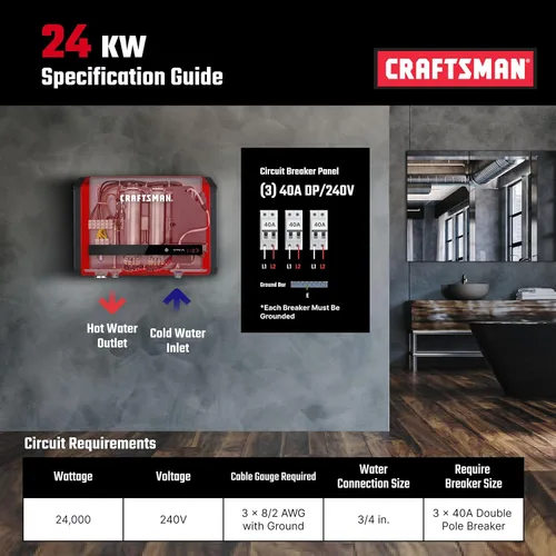 Vista 5 de CRAFTSMAN Calentador de agua eléctrico sin tanque de 24 kW, 240 voltios, 3.74 GPM, tecnología auto-modulante multiaplicación para toda la casa, agua