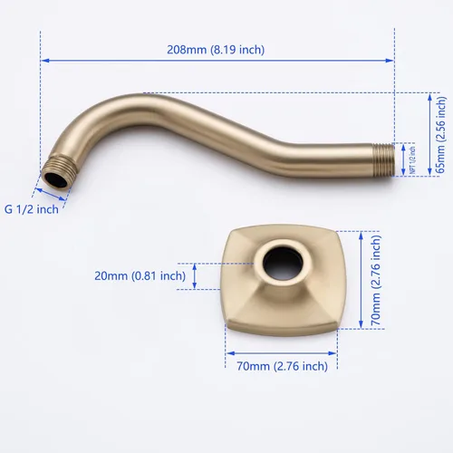 Vista 3 de SWHYGER - Extensión de brazo de ducha en ángulo de 8 pulgadas con brida, repuesto de brazo de regadera curvado de acero inoxidable SWHYGER dorado