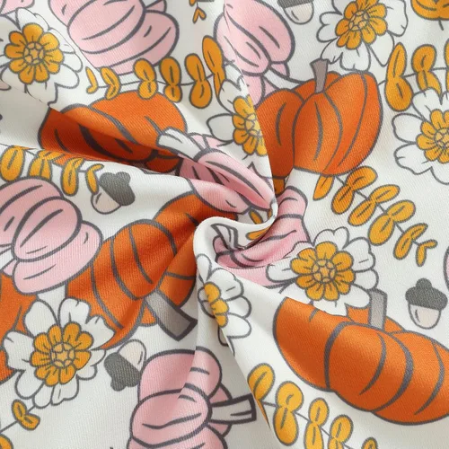 Vista 6 de Mameluco de Halloween para bebé niña con estampado de calabaza, tirantes delgados, volantes, traje de otoño de una pieza con pantalón acampanado