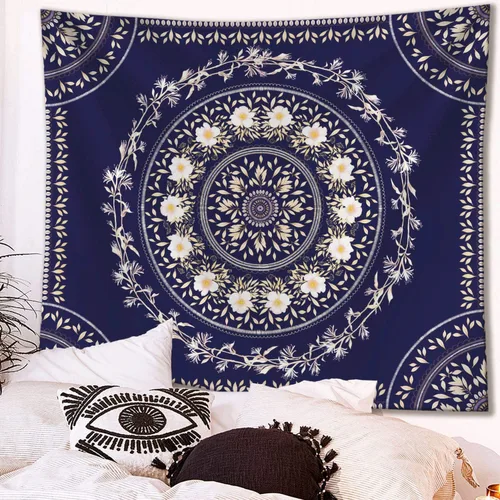 Vista 2 de Lifeel - Tapiz bohemio azul para colgar en la pared, tapiz hippie de mandala, medallón floral con diseño de corona estética blanca, manta decorativa