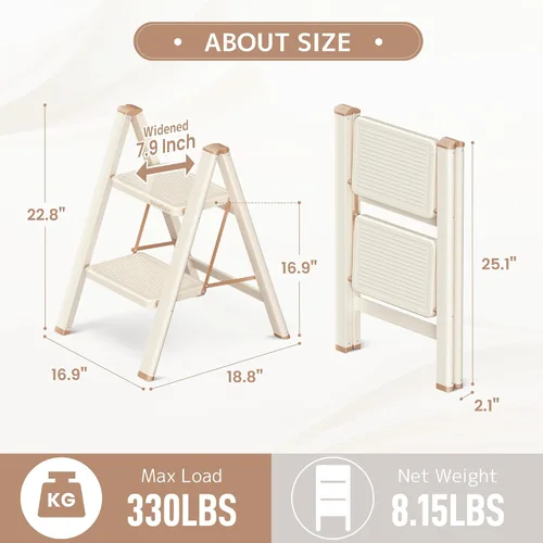 Vista 6 de Escalera plegable de 2 escalones con pedal ancho antideslizante, capacidad de 330 libras, escalera portátil ligera para uso en el hogar y la cocina