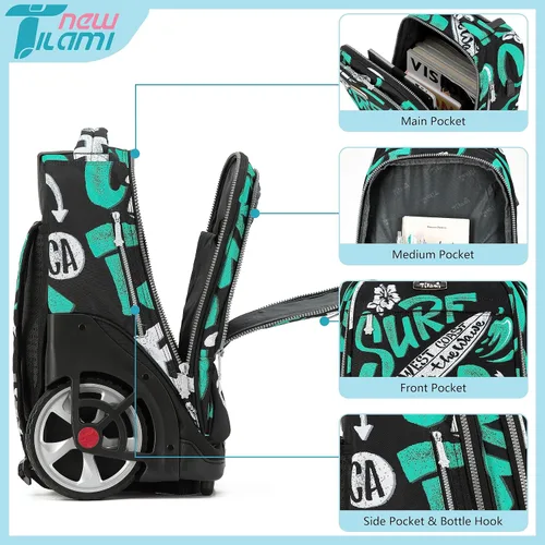 Vista 66 de NEW TILAMI Mochila con ruedas de 19 pulgadas con bolsa de almuerzo para niñas y niños, mochila para laptop con ruedas, bolsa de mano duradera