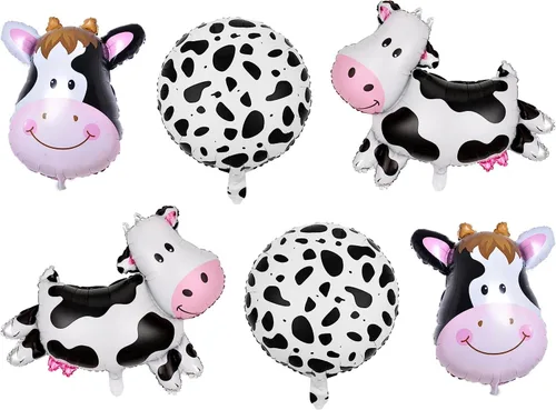 Vista 4 de Globos de vaca, decoraciones de cumpleaños con texto en inglés "Holy Cow Im One", globos con estampado de vaca para niña, fiesta de primer