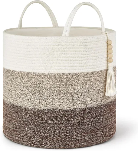 Vista 18 de Mkono - Canasta de almacenamiento tejida, canasta decorativa de cuerda natural con cuentas de madera para mantas, juguetes, ropa, zapatos y plantas