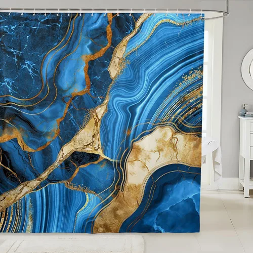Vista 11 de Erosebridal Cortina de ducha de mármol negro, 72 pulgadas de ancho x 72 pulgadas de largo, juego de baño con grietas doradas, tela de textura