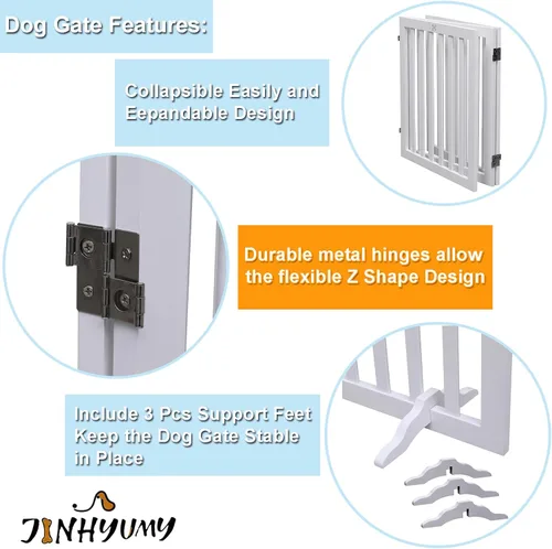 Vista 4 de Puerta para Perros de Madera Independiente para Mascotas de 3 Paneles de 23.6" de Altura Blanca Cercas Interiores para Perros, Puerta de Casa