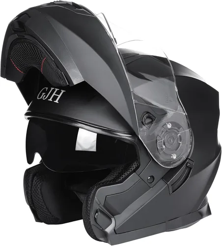 Vista 2 de Casco de motocicleta GJH para hombres y mujeres, casco modular para motocicleta con visera abatible, lente anti-vaho, doble para cascos