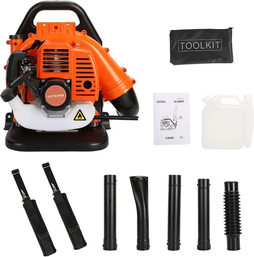 Vista 10 de Soplador de hojas de mochila, 52CC 550 CFM 2 tiempos motor soplador de hojas de gas, soplador de polvo de alta resistencia para exteriores de Naranja