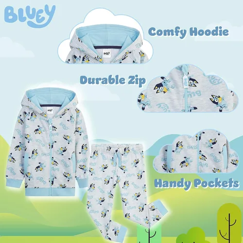 Vista 4 de Bluey Conjunto deportivo para niños y niños pequeños, sudadera con capucha y pantalones deportivos, conjunto de 2 piezas de 18 meses a 5 años