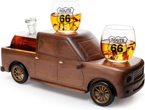 Vista 2 de Set de decantador de vino y whisky en forma de camioneta de recogida con dos vasos Route 66 de 12 Oz y 350 ml - Regalos para él, papá, conductor