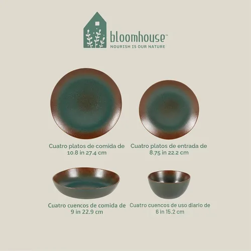 Vista 3 de Bloomhouse - Dos veces ganador de los Favoritos de Oprah - Juego de vajilla de cerámica de doble cuenco Palermo Sun con esmalte reactivo, platos