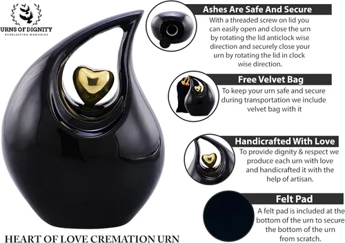 Vista 4 de Urna de cremación Heart of Love para cenizas humanas - Hermosa urna conmemorativa ERN para adultos - ERN decorativa para seres queridos - Urna Negro
