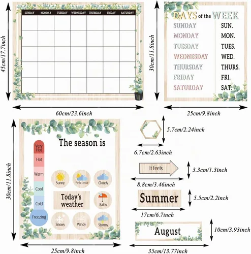 Vista 3 de Juego de tablones de anuncios con calendario de vegetación para el aula, simplemente eucalipto, decoración de aula, calendario, estaciones, tabla