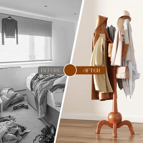 Vista 6 de Perchero independiente de madera con 8 ganchos de madera para sombrero, abrigo de árbol con base de esfera resistente y ganchos de ramas de árbol