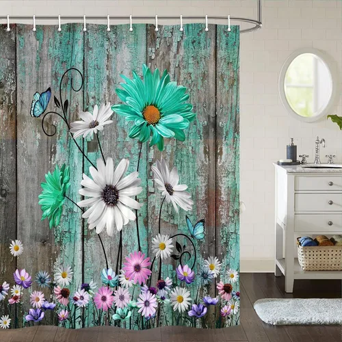 Vista 14 de Cortina de ducha rústica con diseño floral, cortina de ducha rústica con margaritas, cortina de ducha de madera rústica con ganchos, 36 x 72 Verde