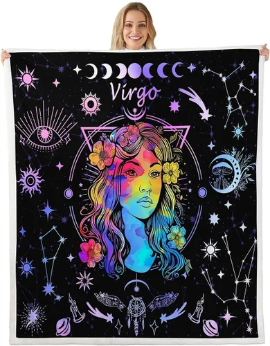 Vista 15 de Manfei Acuario - Manta de astrología trippy para niños y niñas, decoración de habitación de doce constelaciones, manta de forro polar suave