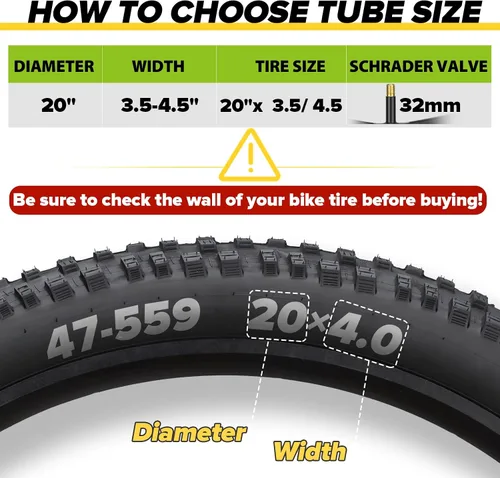 Vista 2 de 1/2/4 Pack 20x4 26x4.0 Fat Bike Tube with AV 32mm Schrader Valve, Premium Butyl Rubber Fat Tire Bike Tubes with Tire Levers, 20, 26x3.5-4.5 Bike